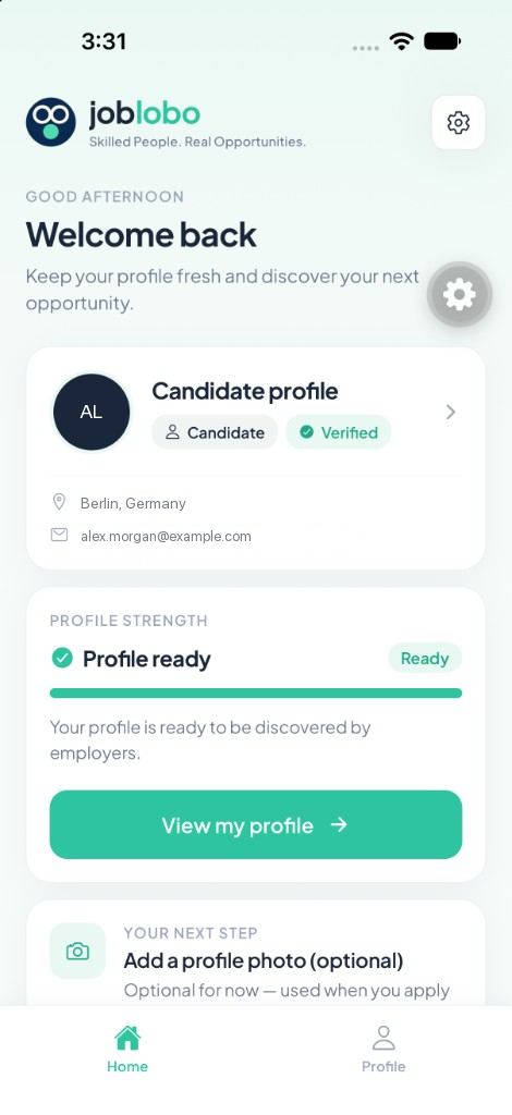 JobLobo home screen showing a sample candidate profile, a verified badge, and a profile ready indicator.